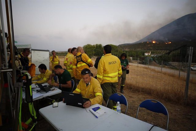 Efectivos de bomberos en el  fuego producido en el término municipal de Pinos Puente (Granada), en imagen de archivo
