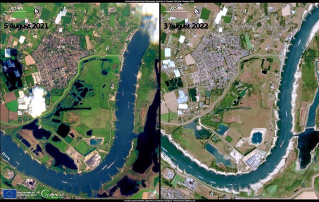 Imágenes tomadas por el satélite de Copernicus Sentinel-2 de la Unión Europea en Francia que muestra el efecto de la sequía en Europa