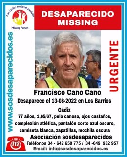 Cartel que se ha difundido a través de la Asociación SOS DESAPARECIDOS sobre Francisco Cano