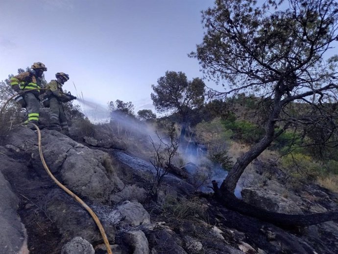 Bomberos intervienen en la extinción de un incendio declarado en la Sierra del Serral, en Yecla (Murcia)