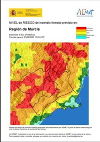 El nivel de riesgo de incendio forestal previsto para este jueves es extremo o muy alto en gran parte de la Región