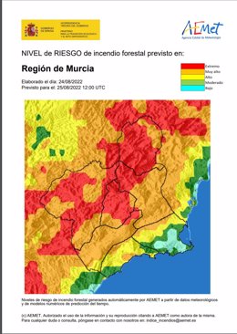 Nivel de riesgo de incendio forestal previsto para el 25 de agosto de 2022 en la Región de Murcia