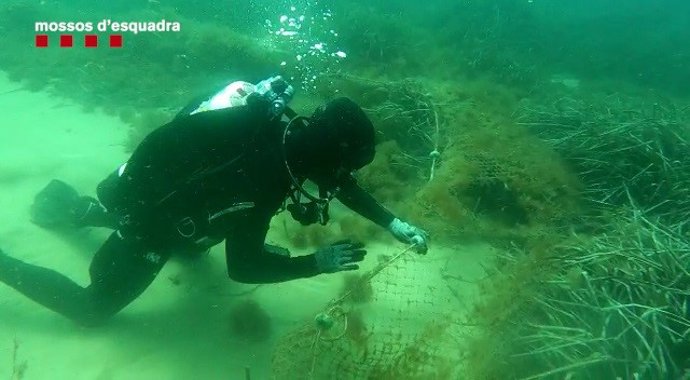 Agentes de los Mossos d'Esquadra de la Unidad Acuática retirando la red de pesca fantasma ubicada en el fondo marino de Blanes