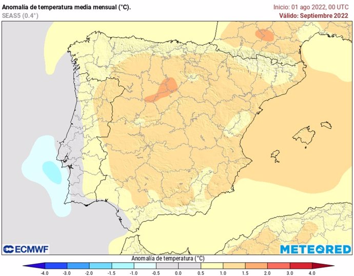 Mapa de la anomalía de temperatura media mensual en España