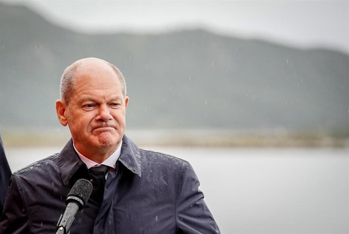 23 August 2022, Canada, Stephenville: German Chancellor Olaf Scholz speaks during a press conference with Canadian Prime Minister Justin Trudeau (Not Pictured). Photo: Kay Nietfeld/dpa