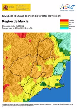 Nivel de riesgo de incendio forestal previsto para el 26 de agosto de 2022 en la Región de Murcia