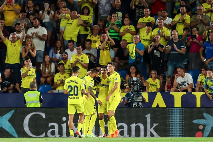 Gerard Moreno of Villarreal celebrates a goal with teammates during the UEFA Conference League, football match played between Villarreal CF and Hajduk Split at the Ceramica Stadium on August 18, 2022, in Castellon, Spain.