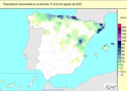 Durante el periodo del 17 al 23 de agosto las precipitaciones fueron escasas en la Península y las islas canarias