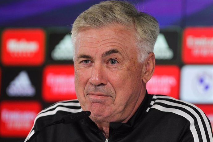 Carlo Ancelotti of Real Madrid attends to the media during press conference at Ciudad Deportiva Real Madrid on Aug 19, 2022, in Madrid, Spain.