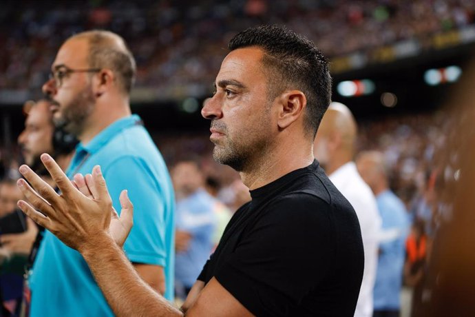 Xavi Hernandez, head coach of FC Barcelona, looks on during the friendly match between FC Barcelona and Manchester City at the Spotify Camp Nou Stadium in Barcelona, Spain, on August 24th, 2022.