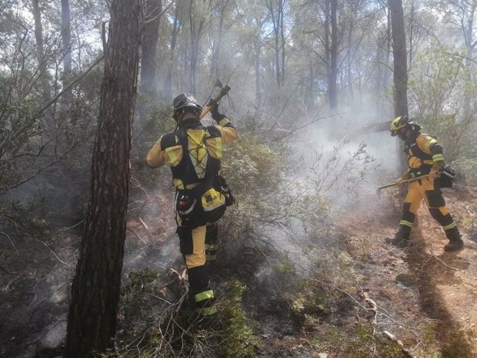 Efectivos del Ibanat sofocan el incendio forestal de este sábado en Calvi.