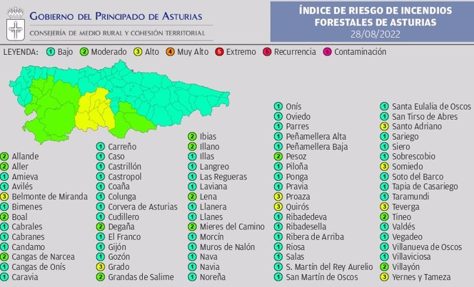 Mapa del riesgo municipal de incendios en Asturias el domingo 28 de agosto de 2022