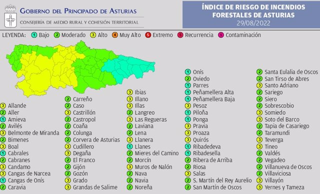 Mapa del riesgo de incendios en los municipios asturianos el lunes 29 de agosto
