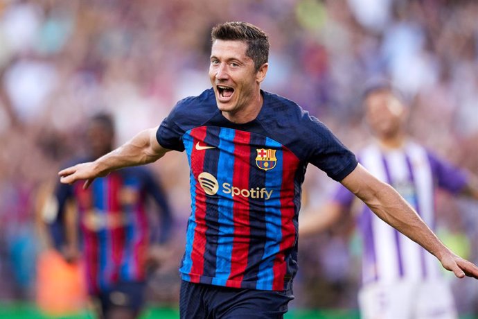 Robert Lewandowski of FC Barcelona reacts after scoring goal during the La Liga Santander match between FC Barcelona and Real Valladolid CF at Spotify Camp Nou on August 28, 2022, in Barcelona, Spain.
