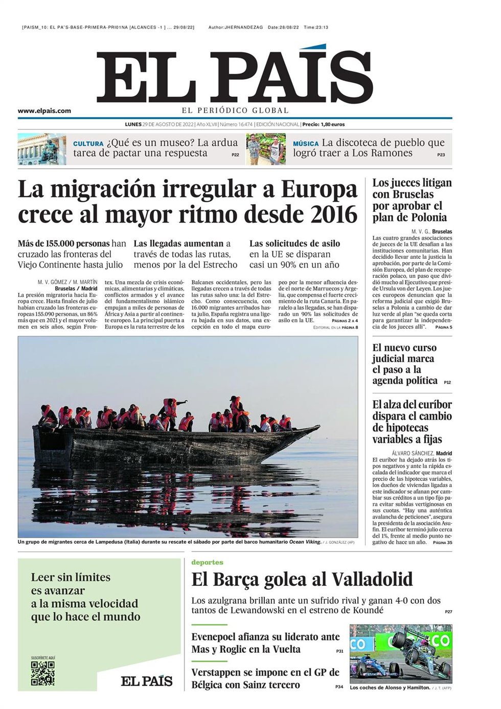Portada del periódico 'El País' del 29 de agosto de 2022.