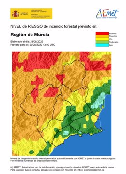 Nivel de riesgo de incendio forestal previsto para el 29 de agosto de 2022 en la Región de Murcia