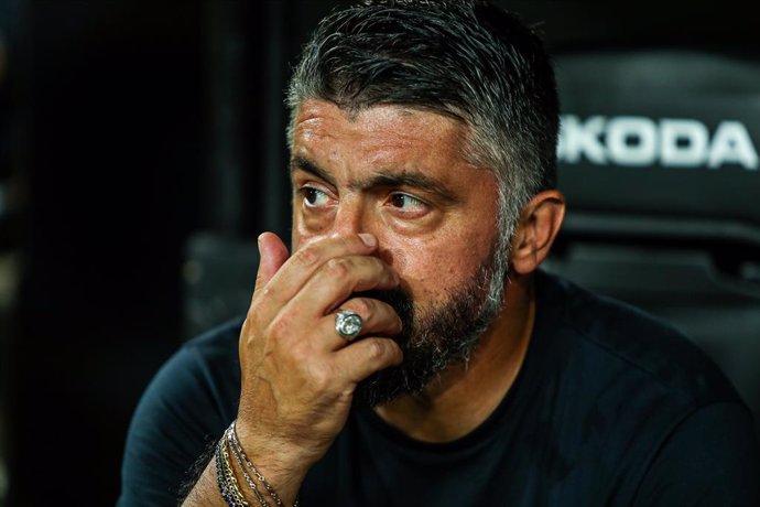 Gennaro Gattuso, head coach of Valecia, looks on during the Santander League match between Valencia CF and Atletico de Madrid at the Mestalla Stadium on August 29, 2022, in Valencia, Spain.