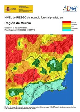 Nivel de riesgo de incendio forestal previsto el 30 de agosto de 2022 en la Región de Murcia