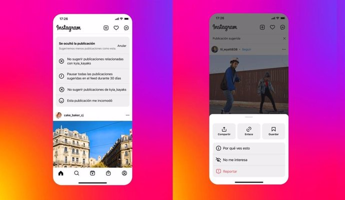 Opciones de visualización de recomendaciones en Instagram