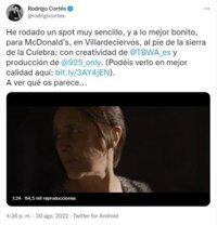 Rodrigo Cortés dirige el anuncio de McDonald's rodado en Villardeciervos (Zamora)