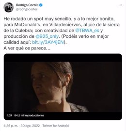 Rodrigo Cortés presenta el spot a través de su perfil de Twitter.