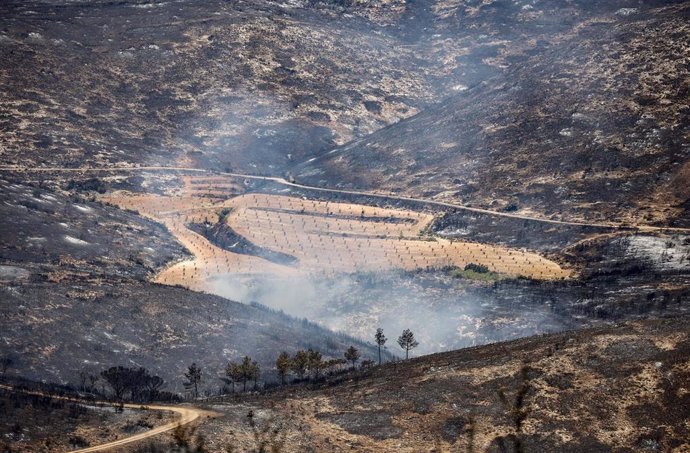 Humo y zona calcinada del incendio forestal que va desde Alcublas hasta las poblaciones de Bejis, Teresa, Toras y Altura en la comarca del Alto Palancia (Castellón)