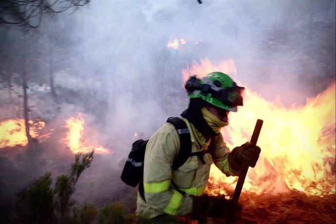 Archivo - Un bombero lucha contra las llamas del incendio forestal declarado el 8 de septiembre de 2021 en Sierra Bermeja, en la provincia de Málaga (Foto de archivo).