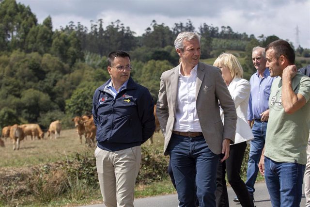 El presidente da Xunta, Alfonso Rueda, junto al conselleiro do Medio Rural, José González, visita la explotación de vacuno de carne en Trazo (A Coruña)