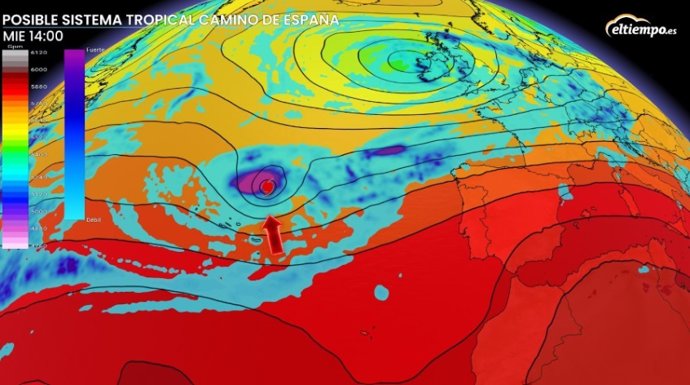 Mapa de altura de 500 hPa con la precipitación que indica dónde estaría el ciclón