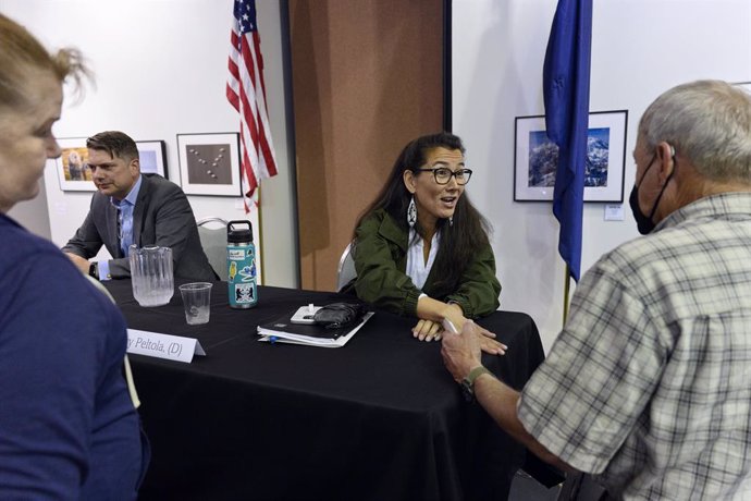 August 3, 2022, Kenai, Alaska, USA: U.S. House candidate Mary Peltola speaks with members of the audience at the conclusion of a U.S. House of Representatives candidate forum in Kenai, Alaska, on Aug. 3, 2022.