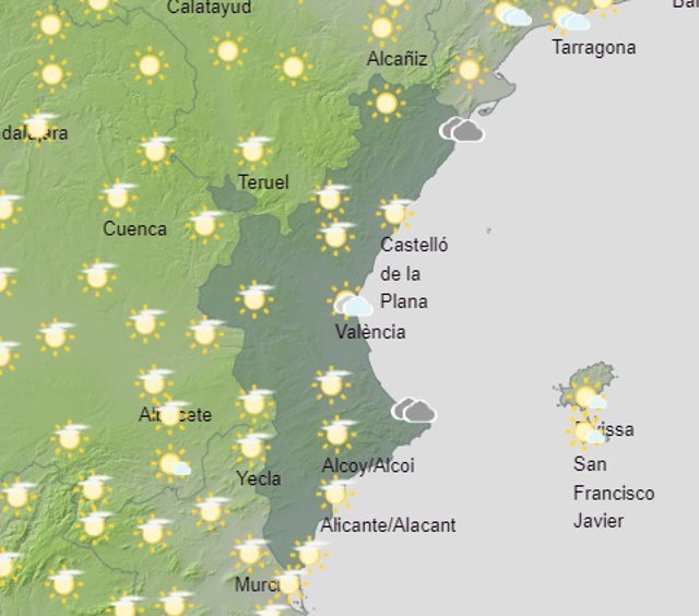 Imagen de la predicción meteorológica de este jueves en la Comunitat Valenciana.