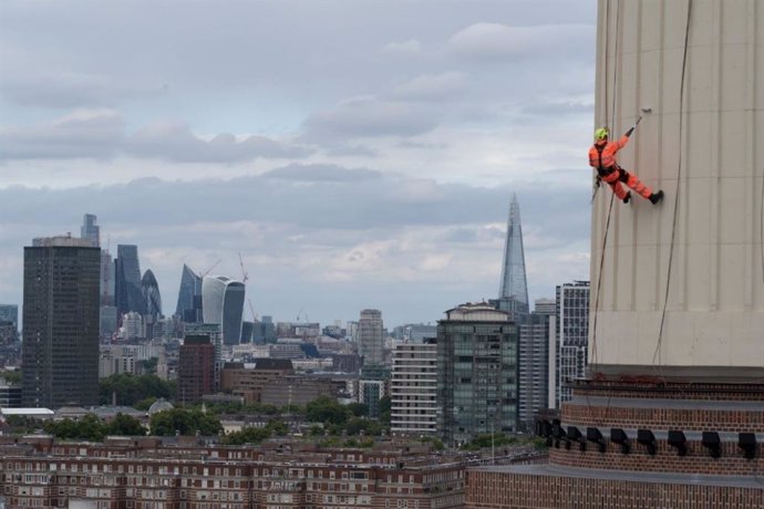 Finishing touches being added to Battersea Power Stations iconic chimneys in preparation for the public opening on 14th October 2022.