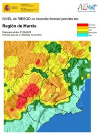 El nivel de riesgo de incendio forestal previsto para este jueves es muy alto en la Cuenca de Mula y el Noroeste