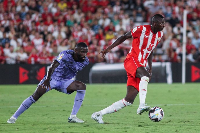 Antonio Rudiger of Real Madrid and Umar Sadiq of UD Almeria in action during the spanish league, La Liga Santander, football match played between UD Almeria and Real Madrid at Power Horse stadium on Aug 14, 2022, in Almeria, Spain.