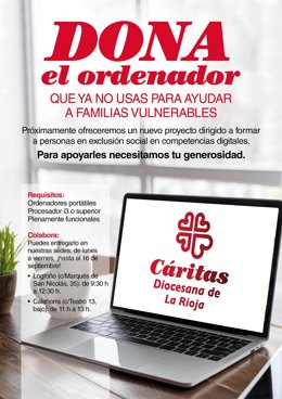 Cáritas La Rioja necesita ordenadores portátiles "para poder ayudar a romper la brecha digital de familias vulnerables"