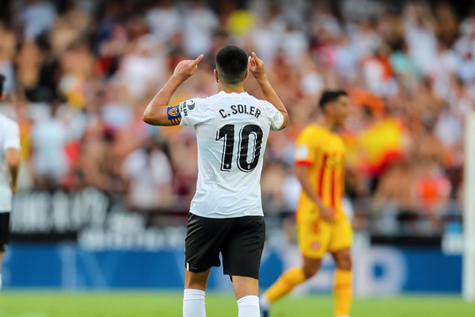 Carlos Soler of Valecia celebrates a goal during the Santander League match between Valencia CF and Girona FC at the Mestalla Stadium on August 14, 2022, in Valencia, Spain.