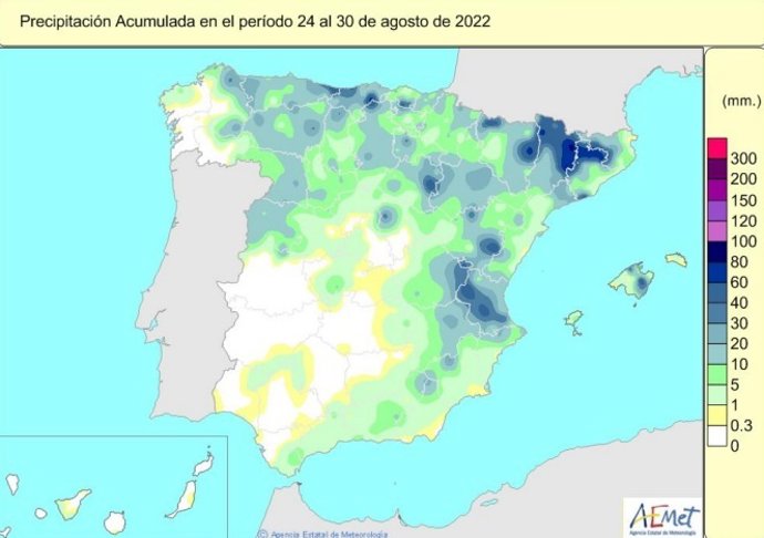 Lluvias acumuladas entre el 24 y el 30 de agosto de 2022