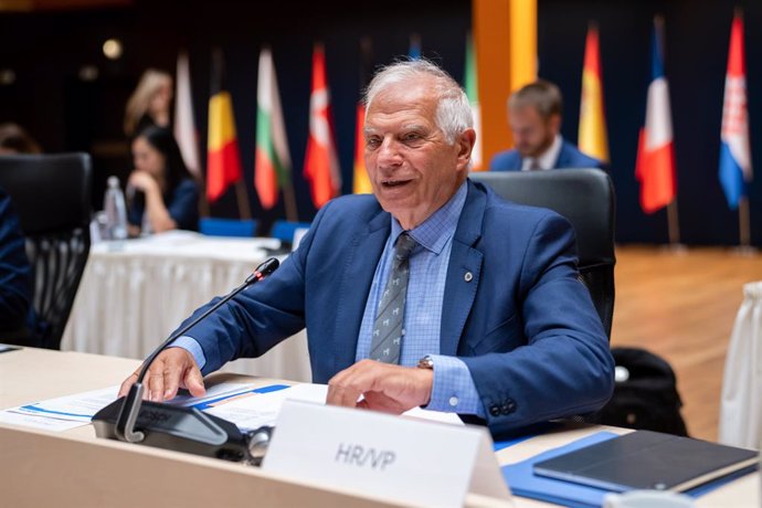 HANDOUT - 31 August 2022, Czech Republic, Prague: EU High Representative for Foreign Affairs and Security Policy, Josep Borrell, chairs the EU Foreign Ministers informal meeting at the Prague Congress Center. Photo: Majda Slamova/EU Council/dpa - ATTENT