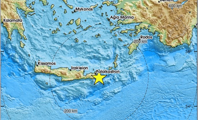 Epicentro del terremoto registrado en la isla griega de Creta este sábado