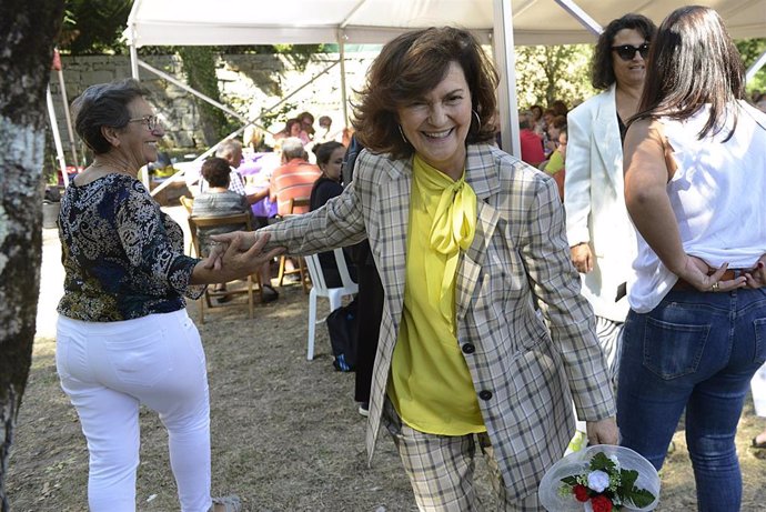 La exvicepresidenta del Gobierno, Carmen Calvo, interviene en la Romaría Feminista de Barbadás, Ourense, Galicia.