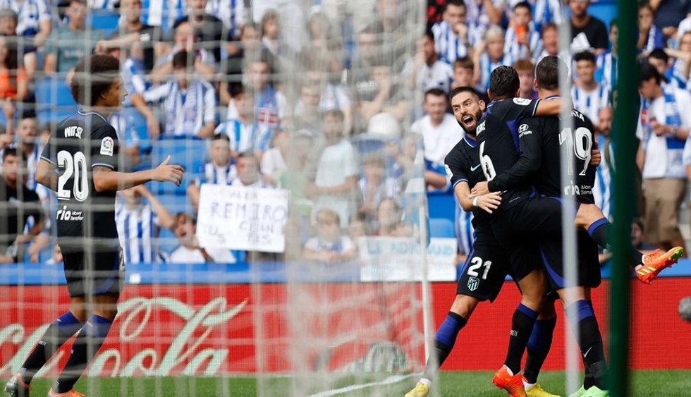 Los jugadores del Atlético de Madrid celebran el gol de Morata ante la Real Sociedad