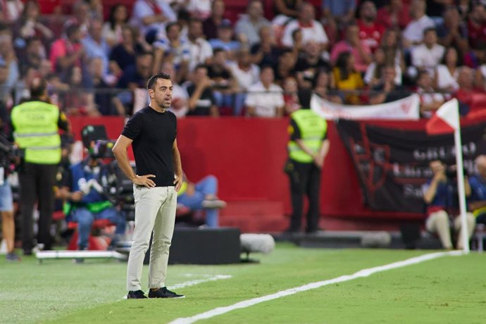 Xavi Hernandez, head coach of FC Barcelona, looks on during the spanish league, La Liga Santander, football match played between Sevilla FC and FC Barcelona at Ramon Sanchez Pizjuan stadium on September 3, 2022, in Sevilla, Spain.