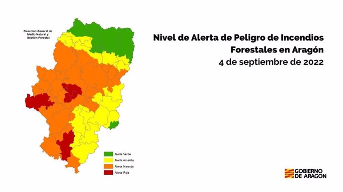 Mapa del nivel de riesgo de incendios en Aragón.