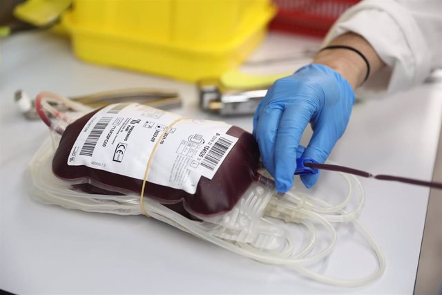 Archivo - Una bolsa de sangre durante una donación.