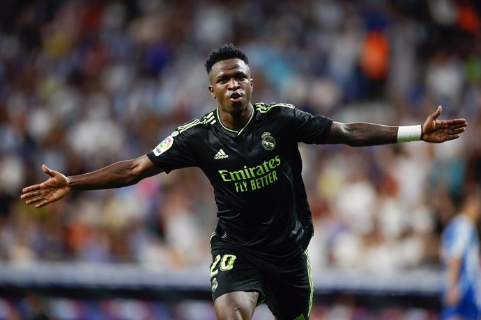 Vinicius Junior of Real Madrid celebrates a goal during the La Liga match between RCD Espanyol and Real Madrid at RCD Stadium in Cornella, Spain, on August 28th, 2022.