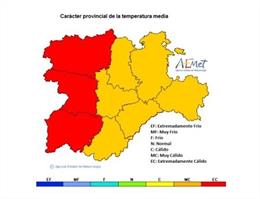 Mapa elaborado por la Aemet sobre la temperatura anotada en agosto de 2022 en CyL