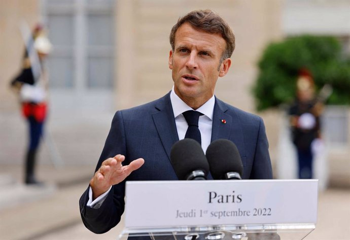 01 September 2022, France, Paris: France's President Emmanuel Macron addresses media during a joint press conference with Slovenia's Prime Minister at the presidential Elysee Palace. Photo: Ludovic Marin/AFP/dpa