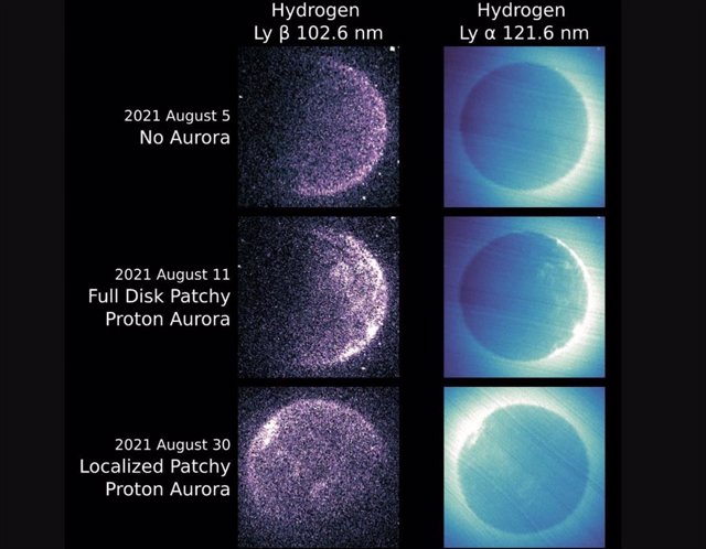 La aurora de protones en parches en Marte se forma cuando las condiciones turbulentas alrededor del planeta permiten que las partículas cargadas de hidrógeno del Sol fluyan hacia la atmósfera marciana.