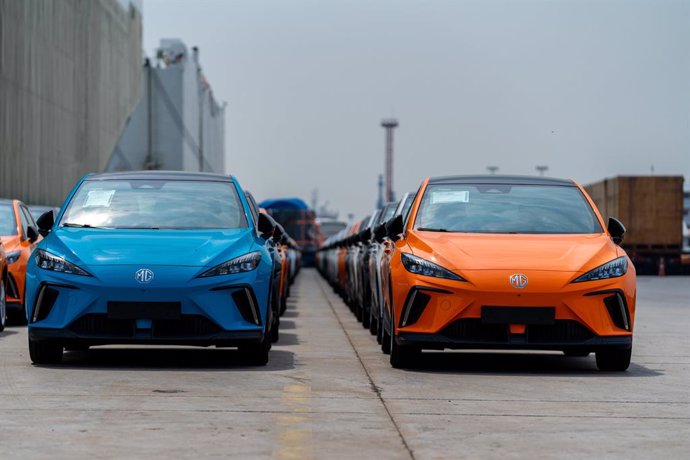 Photo shows the first batch of MG Motor's new pure electric vehicles Mulan or MG4 ELECTRIC, the name overseas, arrived at the port of Zeebrugge, Belgium, on September 2nd.