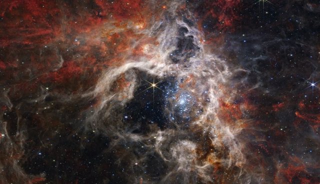 La cámara de infrarrojo cercano de Webb (NIRCam) muestra en la imagen la región de formación de estrellas de la Nebulosa de la Tarántula bajo una nueva luz.